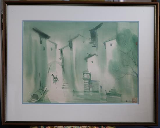 Lou Zhang Boatmen and canal between houses 15 x 21in.